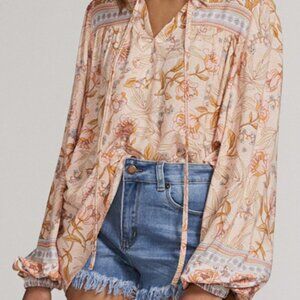 Miss Sparkling Tunic Top Long Sleeve Floral Print Retro Pastel Orange Boho XL